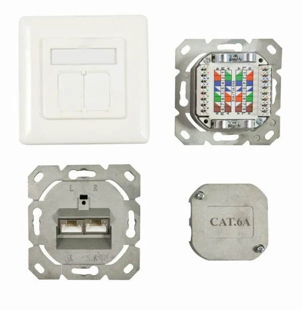 Dosen TP, AP, 2-fach, CAT6A, 500Mhz, Reinweiss, senkrechter Kabeleingang, Synergy 21