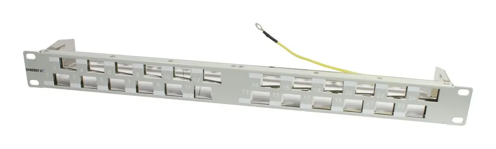 Patch Panel 24xTP,CAT6A, incl.Keystone Slim-line/Komponent getestet, 19", 1HE(t 96mm) 45Grad Schrägauslass, Lichtgrau, Synergy 21