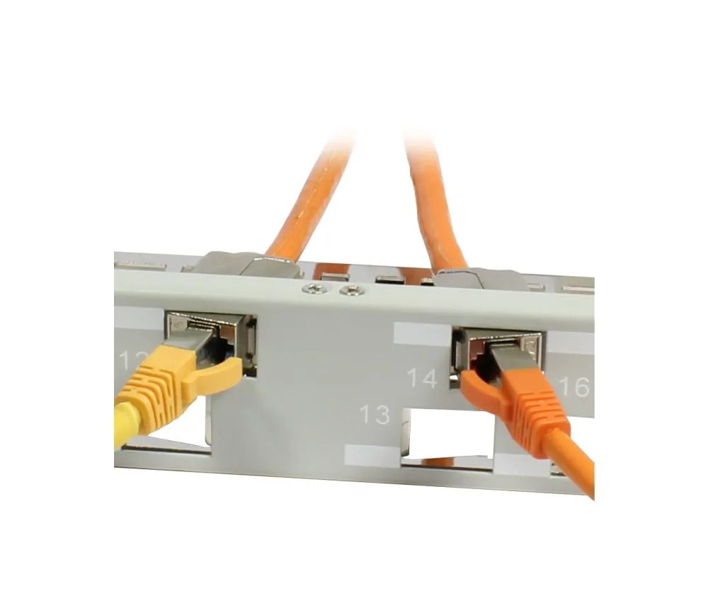 Patch Panel 24xTP,CAT6A, incl.Keystone Slim-line/Komponent getestet, 19", 1HE(t 96mm) 45Grad Schrägauslass, Lichtgrau, Synergy 21