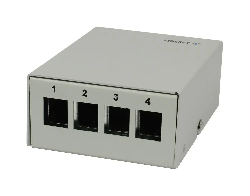 Patch Panel 4xTP, CAT6A, incl.Keystone, Slim-line/Komponent getestet, Aufputz Metall, Lichtgrau, Synergy 21 Patch Panel 4xTP, CAT6A, incl.Keystone, Slim-line/Komponent getestet, Aufputz Metall, Lichtgrau, Synergy 21