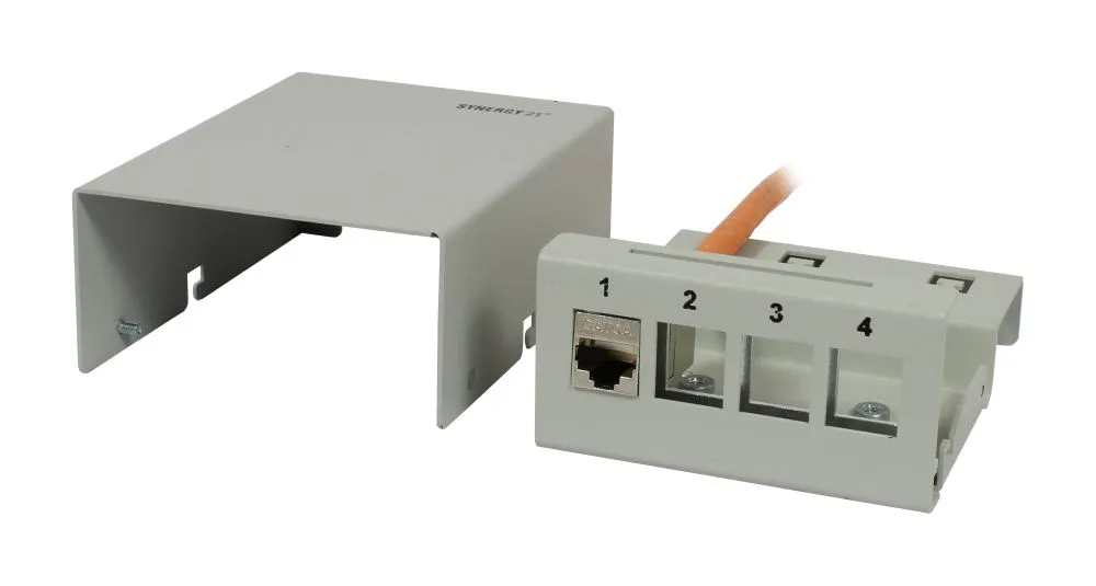Patch Panel 4xTP, CAT6A, incl.Keystone, Short mit Kabelklemme, Aufputz Metall, Lichtgrau, Synergy 21 Patch Panel 4xTP, CAT6A, incl.Keystone, Short mit Kabelklemme, Aufputz Metall, Lichtgrau, Synergy 21
