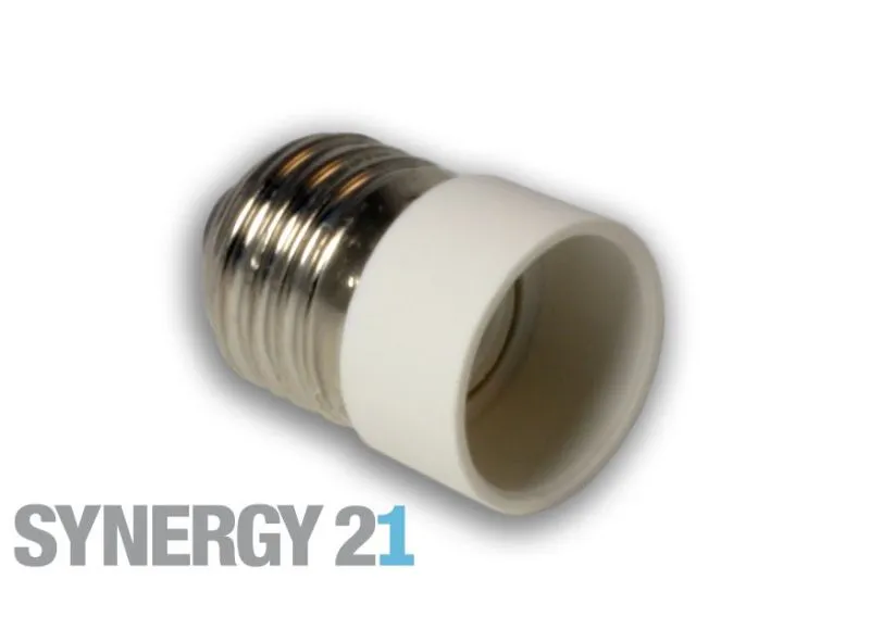 Synergy 21 LED adapter converting E27 to E14 sockets shown diagonally with metallic base and white plastic top on a white