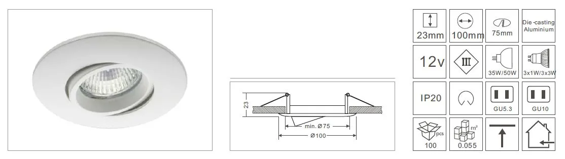 Kit Synergy 21 LED GU10/GX5.3 D03-silber con downlight empotrable plateado, diagrama de instalación y especificaciones Kit Synergy 21 LED GU10/GX5.3 D03-silber con downlight empotrable plateado, diagrama de instalación y especificaciones