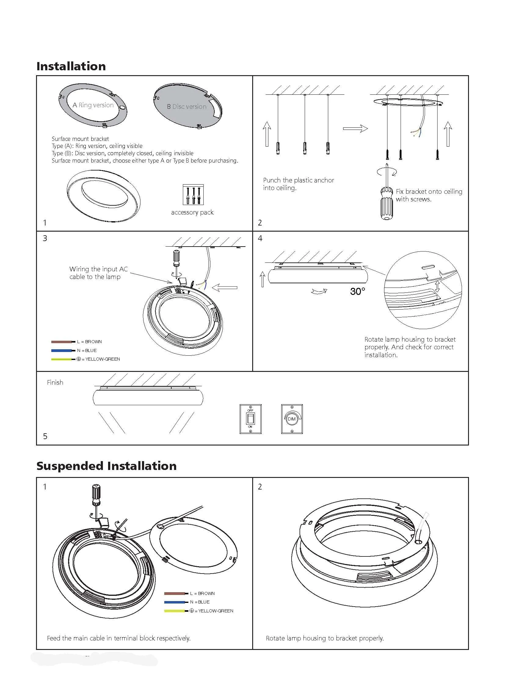 Synergy 21 LED Rundleuchte Donut nw schwarz 25w installation guide showing surface and suspended mounting steps with wiring