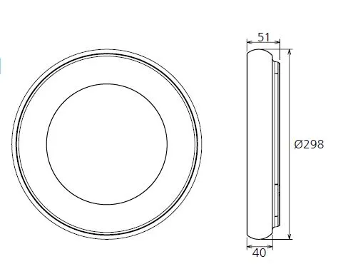 Synergy 21 LED Rundleuchte Donut nw schwarz 25w technical drawing with front and side views showing 298mm diameter, 51mm