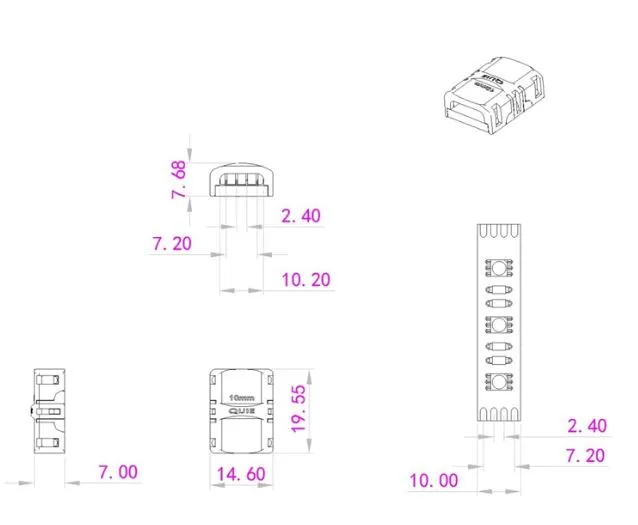 Synergy 21 LED FLEX Strip Easy Connect 10mm RGB joint connector technical diagram with isometric, top, side, and front