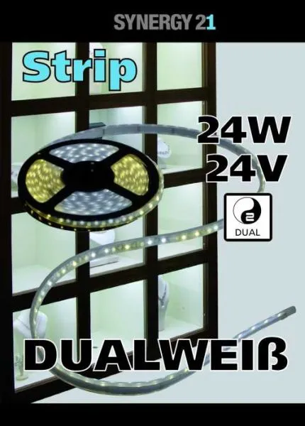 Гибкая светодиодная лента Synergy 21 LED Flex Strip 3528 120 DW CCT 24В 24Вт в бухте и размотанном виде с маркировкой