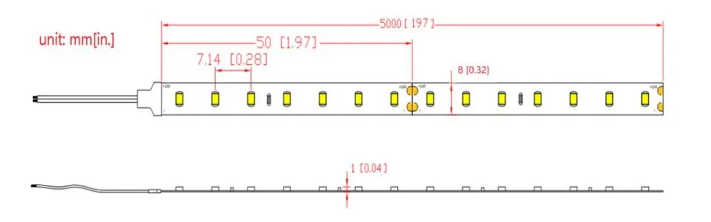 Светодиодная лента Synergy 21 LED Flex Strip 2216 с техническим чертежом размеров в мм и дюймах для монтажа. Светодиодная лента Synergy 21 LED Flex Strip 2216 с техническим чертежом размеров в мм и дюймах для монтажа.