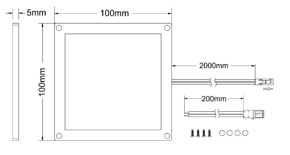 Pannello LED Synergy 21 mini 100x100 ww con disegno tecnico dimensioni frontali 100mm e spessore 5mm per installazione