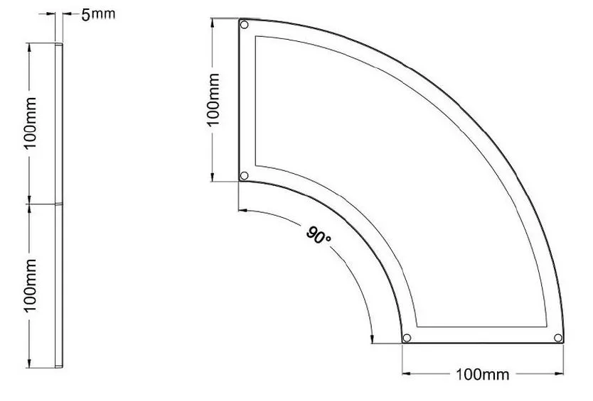 Pannello LED Synergy 21 Mini 100 Quarter WW disegno tecnico con profilo laterale e frontale 100mm spessore 5mm fori di Pannello LED Synergy 21 Mini 100 Quarter WW disegno tecnico con profilo laterale e frontale 100mm spessore 5mm fori di