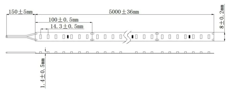 Tira LED Synergy 21 2210 DC24V 36W IP20 CRI>90 con esquema técnico de medidas 5000x8x1.4mm y cableado 150mm.