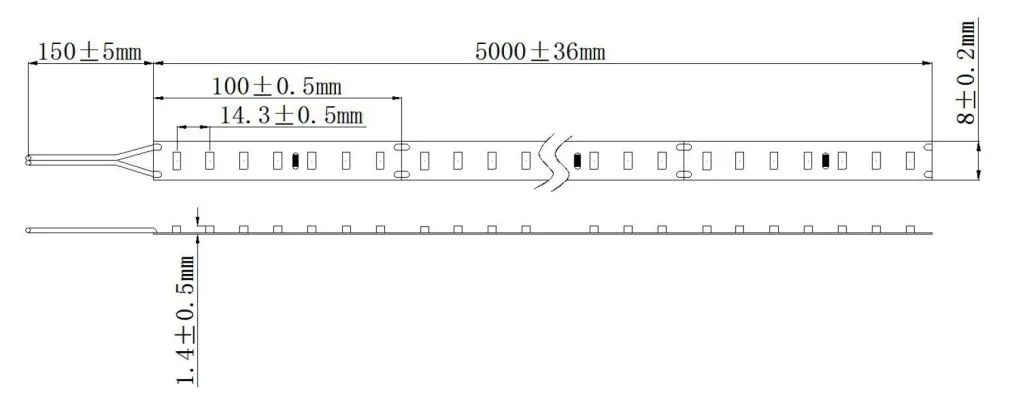 Tira LED Synergy 21 2210 DC24V 36W IP20 CRI>90 con esquema técnico de medidas 5000x8x1.4mm y cableado 150mm. Tira LED Synergy 21 2210 DC24V 36W IP20 CRI>90 con esquema técnico de medidas 5000x8x1.4mm y cableado 150mm.