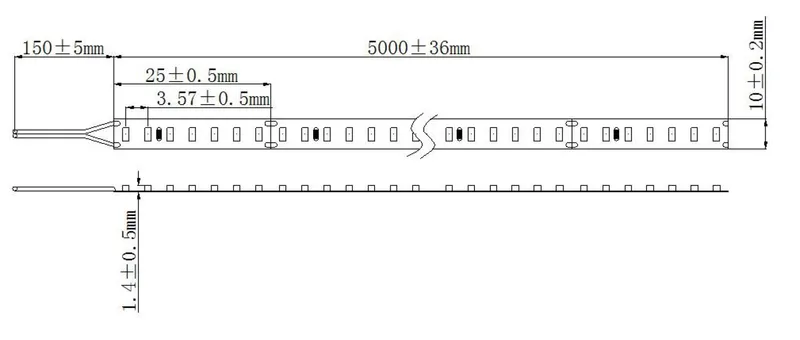 Светодиодная лента Synergy 21 LED Flex Strip 2210 с техническим чертежом размеров 5000x10x1,4 мм и расположением светодиодов.
