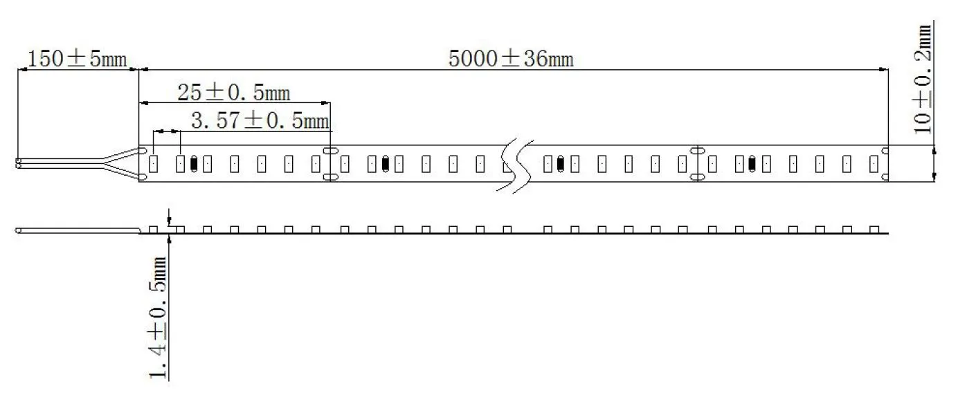 Светодиодная лента Synergy 21 LED Flex Strip 2210 с техническим чертежом размеров 5000x10x1,4 мм и расположением светодиодов. Светодиодная лента Synergy 21 LED Flex Strip 2210 с техническим чертежом размеров 5000x10x1,4 мм и расположением светодиодов.