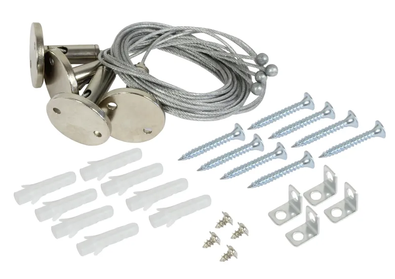 Synergy 21 LED backlight panel 620x620 suspension kit with coiled steel cables, mounting plates, screws, wall plugs, and