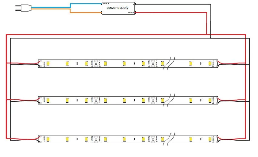 Tira LED Synergy 21 5730 60 NW DC24V 96W IP20 con diagrama de conexión en paralelo a fuente de alimentación de 24V. Tira LED Synergy 21 5730 60 NW DC24V 96W IP20 con diagrama de conexión en paralelo a fuente de alimentación de 24V.