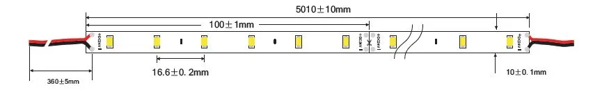 Tira LED Synergy 21 5730 60 NW DC24V 96W IP20 con esquema técnico de medidas: largo 5010 mm, ancho 10 mm y espaciado de Tira LED Synergy 21 5730 60 NW DC24V 96W IP20 con esquema técnico de medidas: largo 5010 mm, ancho 10 mm y espaciado de