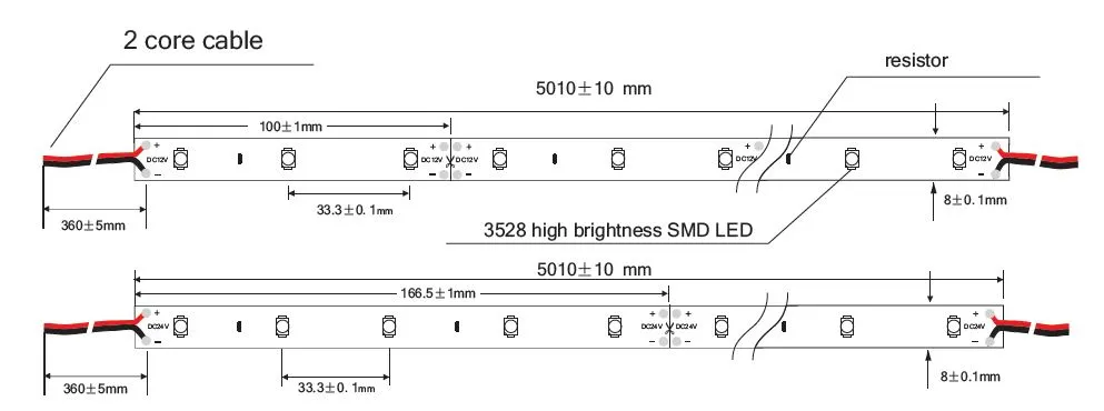 Bande LED Synergy 21 3528 60 NW DC12V 12W IP20 avec schéma technique indiquant dimensions, câble 2 fils, résistance et