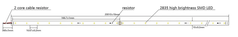 Synergy 21 LED Flex Strip 2835 20m technical drawing with dimensions, SMD LEDs, and wiring details for DC24V 130W IP20