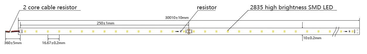 Светодиодная лента Synergy 21 LED Flex Strip 2835 с техническим чертежом размеров, маркировкой резистора и SMD-светодиодов Светодиодная лента Synergy 21 LED Flex Strip 2835 с техническим чертежом размеров, маркировкой резистора и SMD-светодиодов