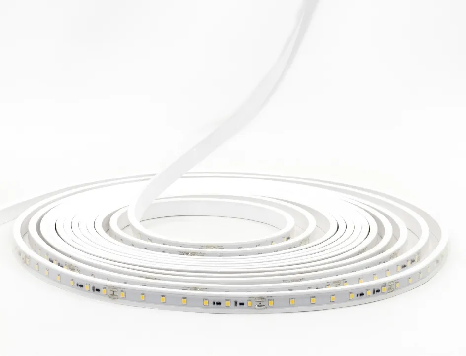 Striscia LED Synergy 21 2835 70WW DC24V avvolta a spirale su sfondo bianco con chip LED gialli visibili lungo il nastro