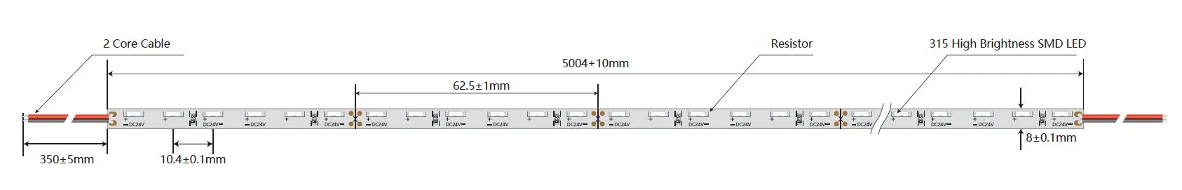 Светодиодная лента Synergy 21 LED Flex Strip 4020 сбоку с размерами и маркировкой SMD-светодиодов, резисторов и кабеля на Светодиодная лента Synergy 21 LED Flex Strip 4020 сбоку с размерами и маркировкой SMD-светодиодов, резисторов и кабеля на