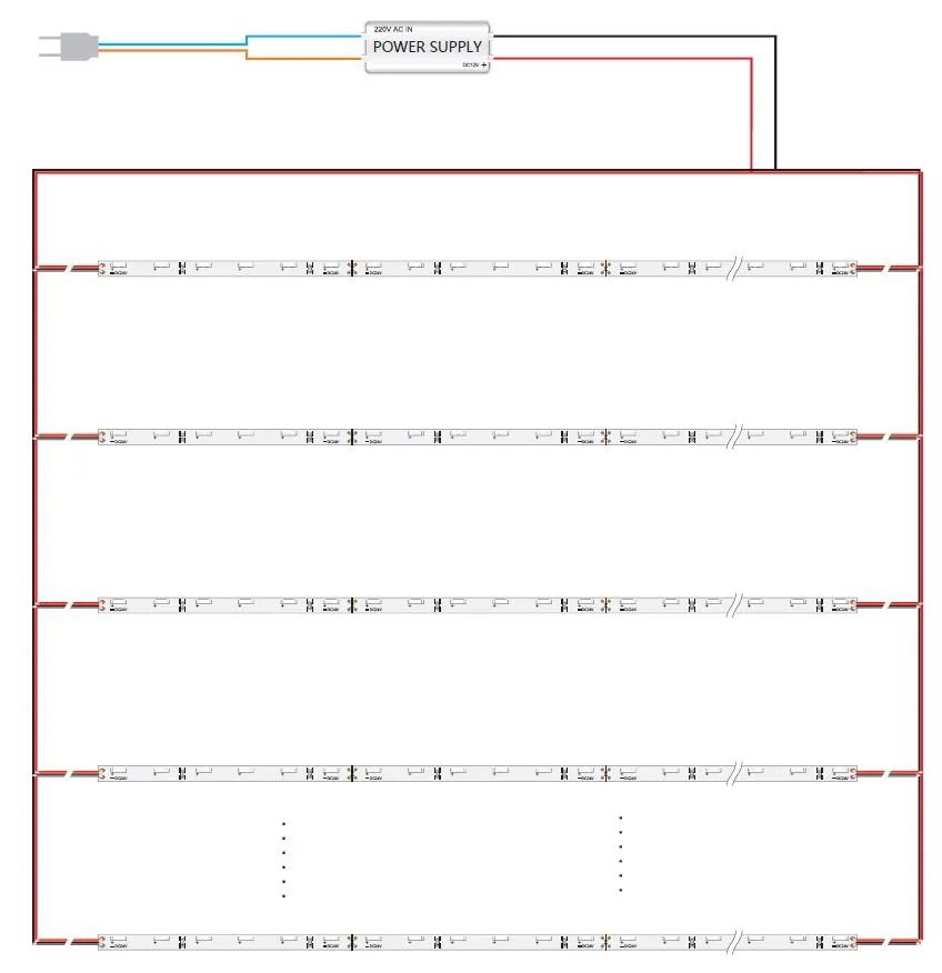 Светодиодная лента Synergy 21 LED Flex Strip 4020 схема подключения к блоку питания 24В для параллельного монтажа пяти рядов. Светодиодная лента Synergy 21 LED Flex Strip 4020 схема подключения к блоку питания 24В для параллельного монтажа пяти рядов.