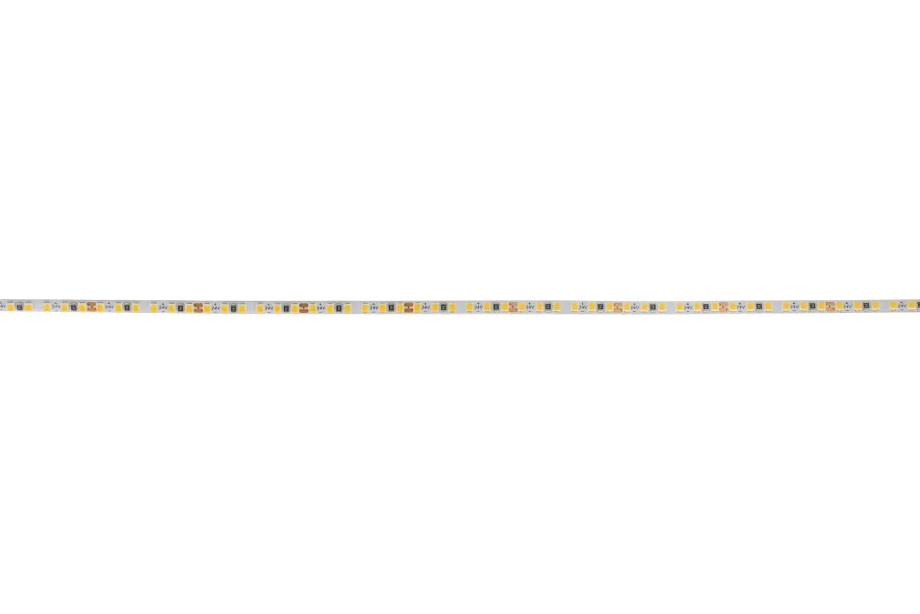 Synergy 21 LED Flex Strip 2022 showing a slim, flexible 24V DC LED strip with yellow chips and copper pads on a white