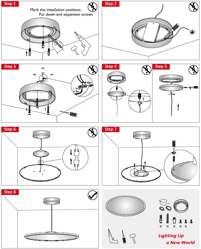 Pannello LED Synergy 21 R400 warmweiß rotondo, guida illustrata in 8 passaggi per installazione con cablaggio e accessori