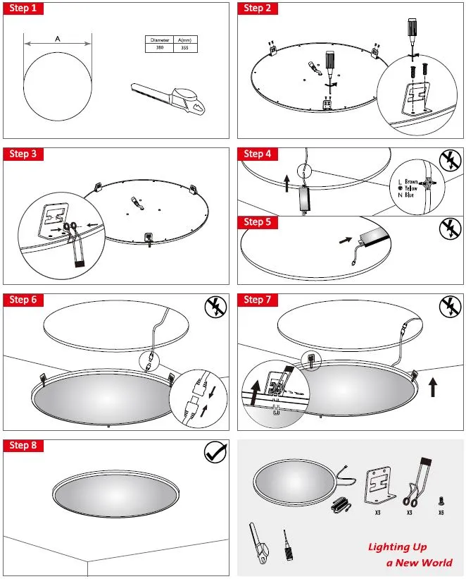 Pannello LED Synergy 21 R400 warmweiß, guida di montaggio a 8 passaggi con disegni tecnici e lista componenti per