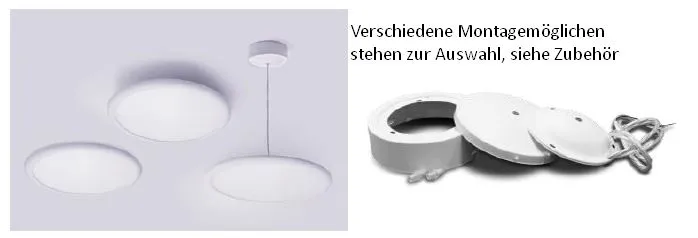 Pannello LED Synergy 21 R400 warmweiß rotondo installato a soffitto con tre opzioni di montaggio in dotazione.