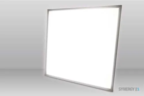 Synergy 21 LED light panel 598x598mm dual white CCT 40W emitting bright adjustable light angled for display with visible