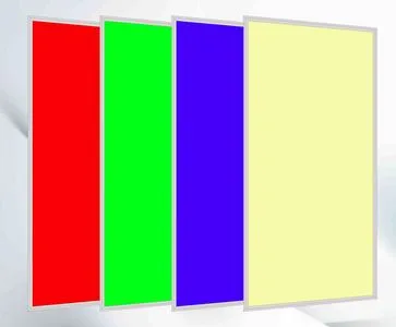 Synergy 21 LED light panel 300x1200 RGB-WW in silver displaying red, green, blue, and warm white colors side-by-side for