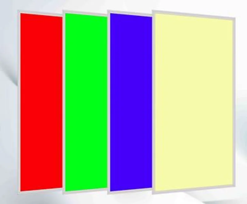 Synergy 21 LED light panel 300x1200 RGB-WW in silver displaying red, green, blue, and warm white colors side-by-side for