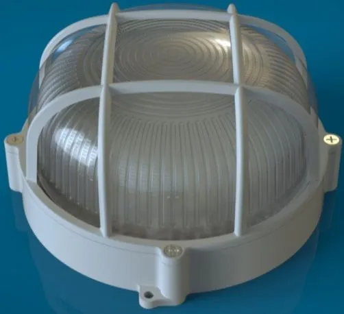 Светильник Synergy 21 LED Kellerleuchte IP65 5W cw — круглая потолочная лампа с ребристым плафоном и защитной решёткой для