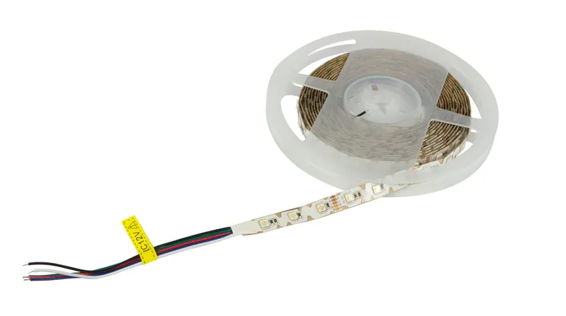 Striscia LED Synergy 21 5050 RGB 60 LED/m DC24V con chip RGB-W SWW su bobina bianca, cavi colorati e avvertenza gialla