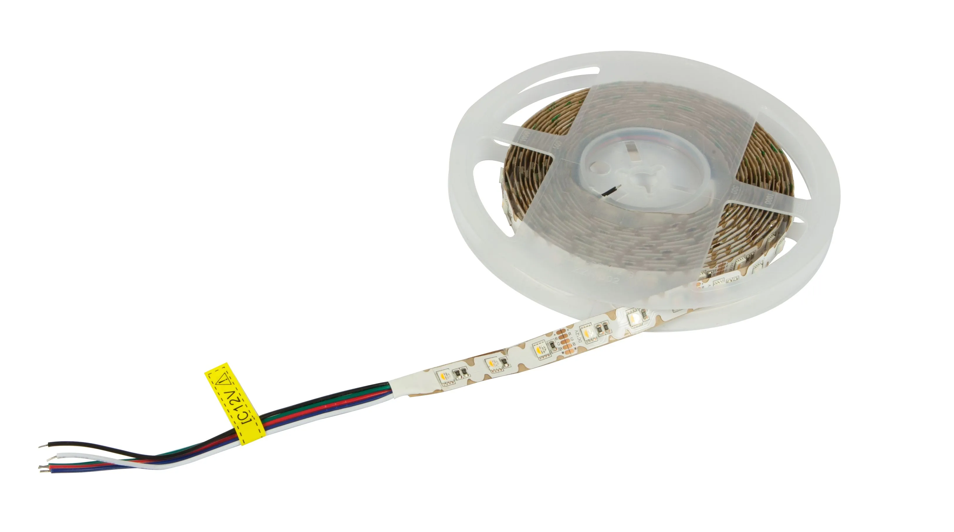 Synergy 21 LED Flex Strip 5050-60 RGB DC24V mit RGB-W Chip auf weißer Spule, abgewickeltes Stück mit 4 Kabeln und