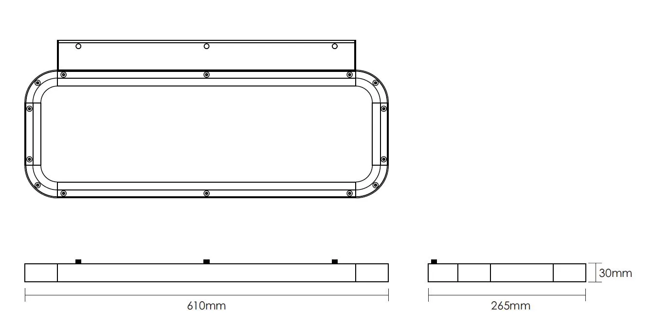 Synergy 21 LED office panel Wand dimmable in gray, technical line drawing showing top and side profiles with 610x265x30mm Synergy 21 LED office panel Wand dimmable in gray, technical line drawing showing top and side profiles with 610x265x30mm