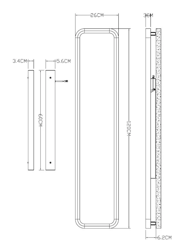 Panneau LED Synergy 21 pour bureau gris dimmable schéma technique avec dimensions 120x26 cm et épaisseur 3,4 à 6,2 cm pour Panneau LED Synergy 21 pour bureau gris dimmable schéma technique avec dimensions 120x26 cm et épaisseur 3,4 à 6,2 cm pour