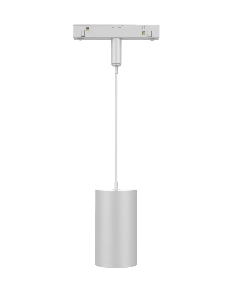 Faretto LED a binario Synergy21 VLF bianco 3-fasi sospeso con adattatore rettangolare e corpo cilindrico su sfondo neutro.