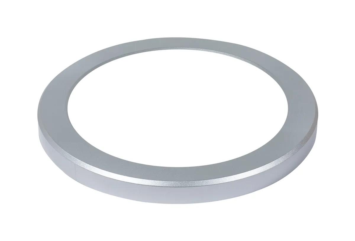 Synergy 21 LED replacement frame for round 18W light panels in silver, circular metallic ring with smooth finish shown Synergy 21 LED replacement frame for round 18W light panels in silver, circular metallic ring with smooth finish shown