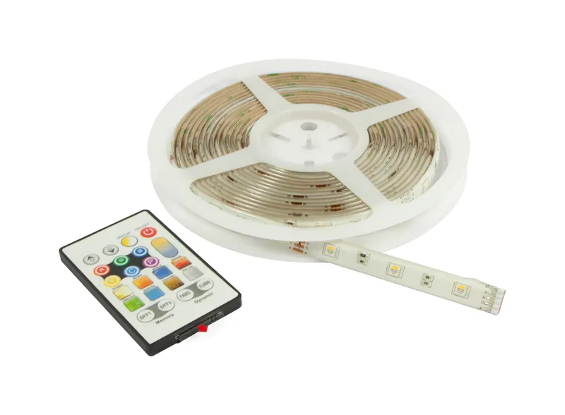 Ruban LED Synergy 21 RGB DC12V avec télécommande infrarouge blanche et noire déroulé partiellement pour installation