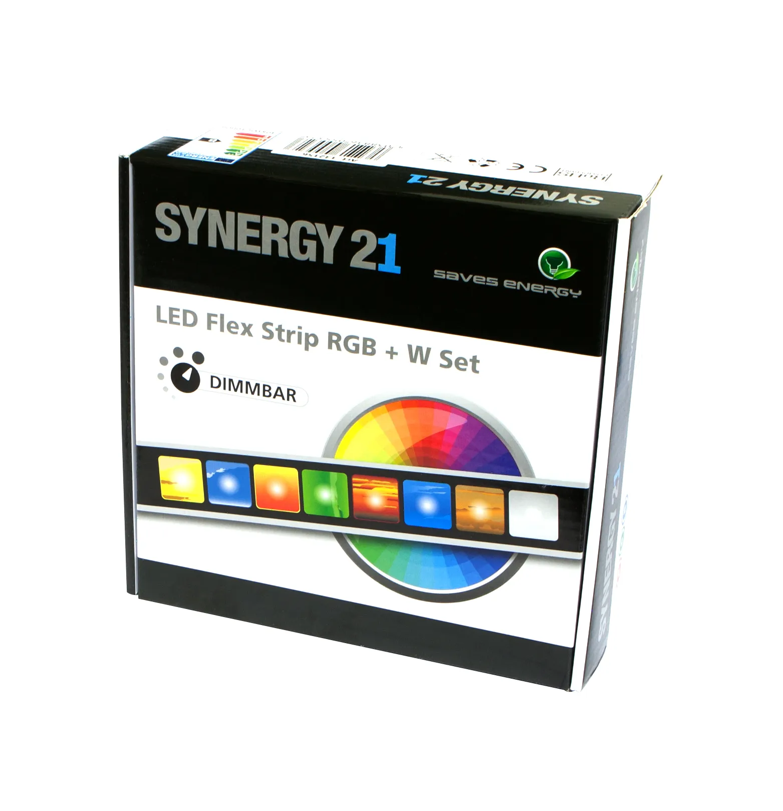 Boîte Synergy 21 LED Flex Strip RGB DC12V avec logo économie d'énergie, spectre couleurs et étiquette DIMMBAR pour