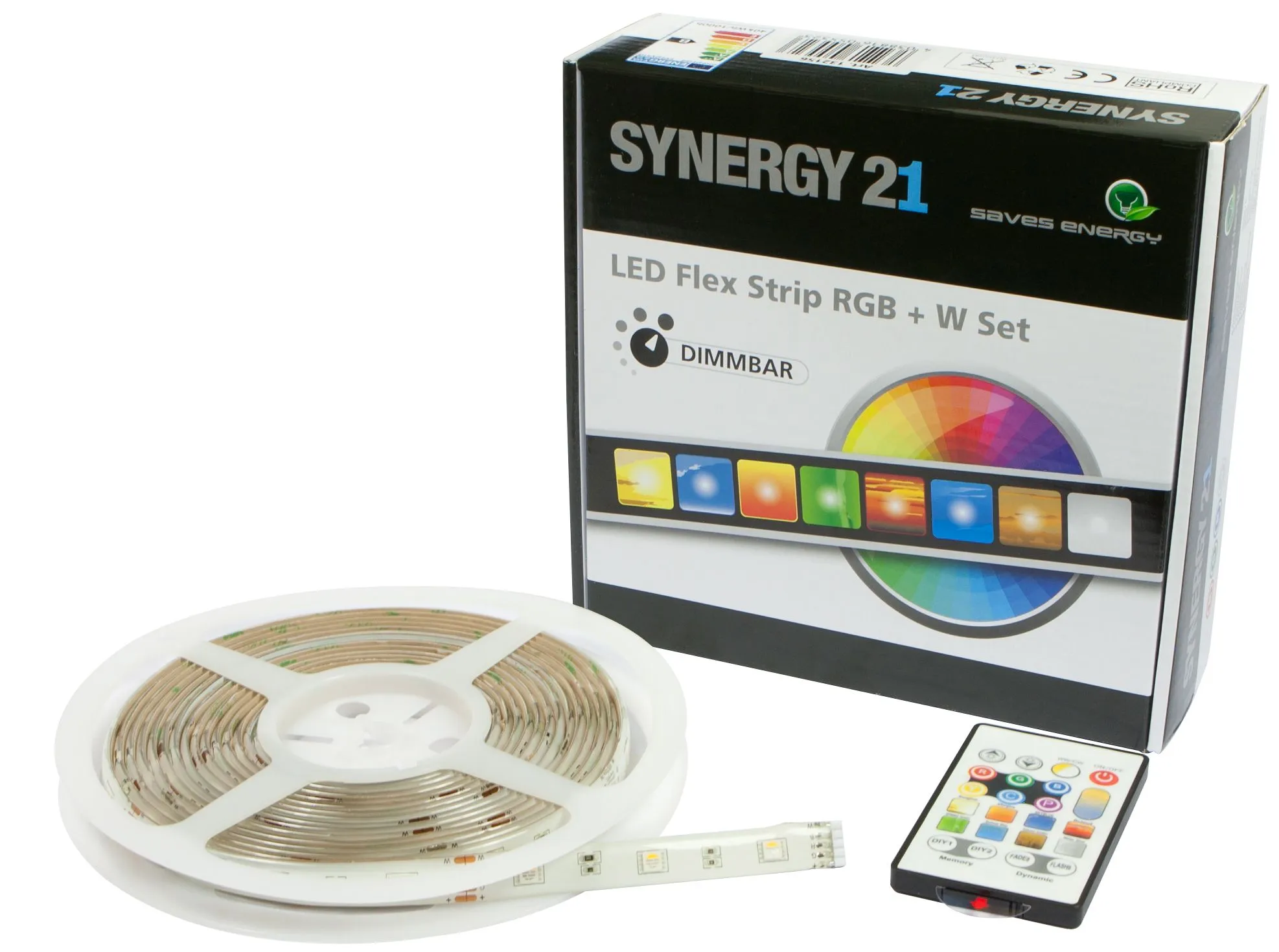 Ruban LED Synergy 21 RGB DC12V avec télécommande infrarouge et boîte d’emballage sur fond blanc pour installation lumineuse.