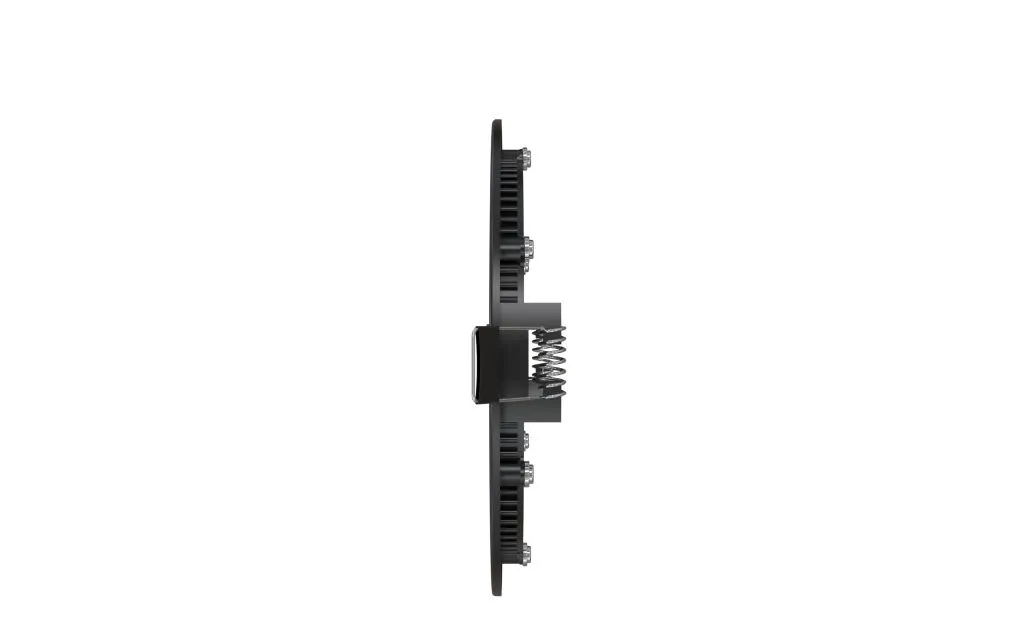 Panel LED Synergy 21 Ultra Slim V6 6W CCT negro 24V en perfil lateral con disipador estriado y soporte de montaje central.