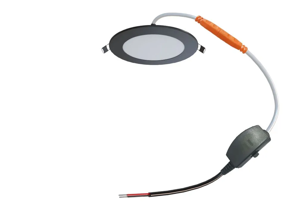Synergy 21 LED Ultra Slim Panel V6 6W 3CCT Schwarz mit schwarzem Rahmen, weißer Diffusorplatte und angeschlossenem Synergy 21 LED Ultra Slim Panel V6 6W 3CCT Schwarz mit schwarzem Rahmen, weißer Diffusorplatte und angeschlossenem