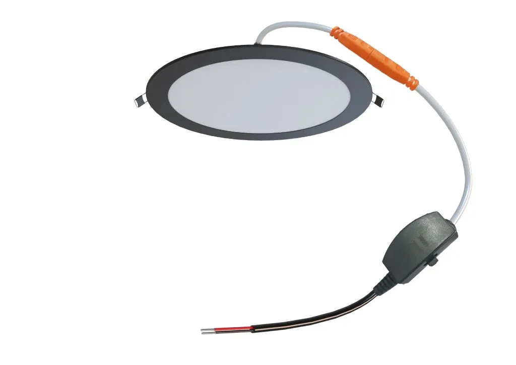 Synergy 21 LED Ultra Slim Panel Light V6 12W 3CCT in black with frosted diffuser, shown with 24V power cable and inline
