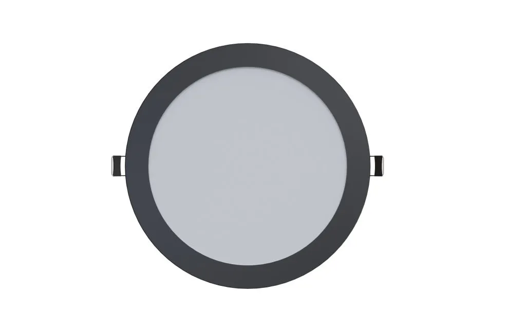 Panneau LED circulaire Synergy 21 Ultra Slim 18W 3CCT noir avec bordure sombre et diffuseur central gris clair vu de face Panneau LED circulaire Synergy 21 Ultra Slim 18W 3CCT noir avec bordure sombre et diffuseur central gris clair vu de face