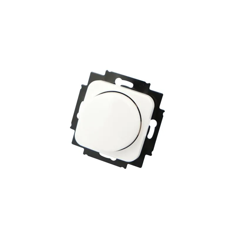 Interrupteur variateur mural Synergy 21 LED Série EOS 05 mono blanc à bouton central rond présenté en angle avec plaque de Interrupteur variateur mural Synergy 21 LED Série EOS 05 mono blanc à bouton central rond présenté en angle avec plaque de