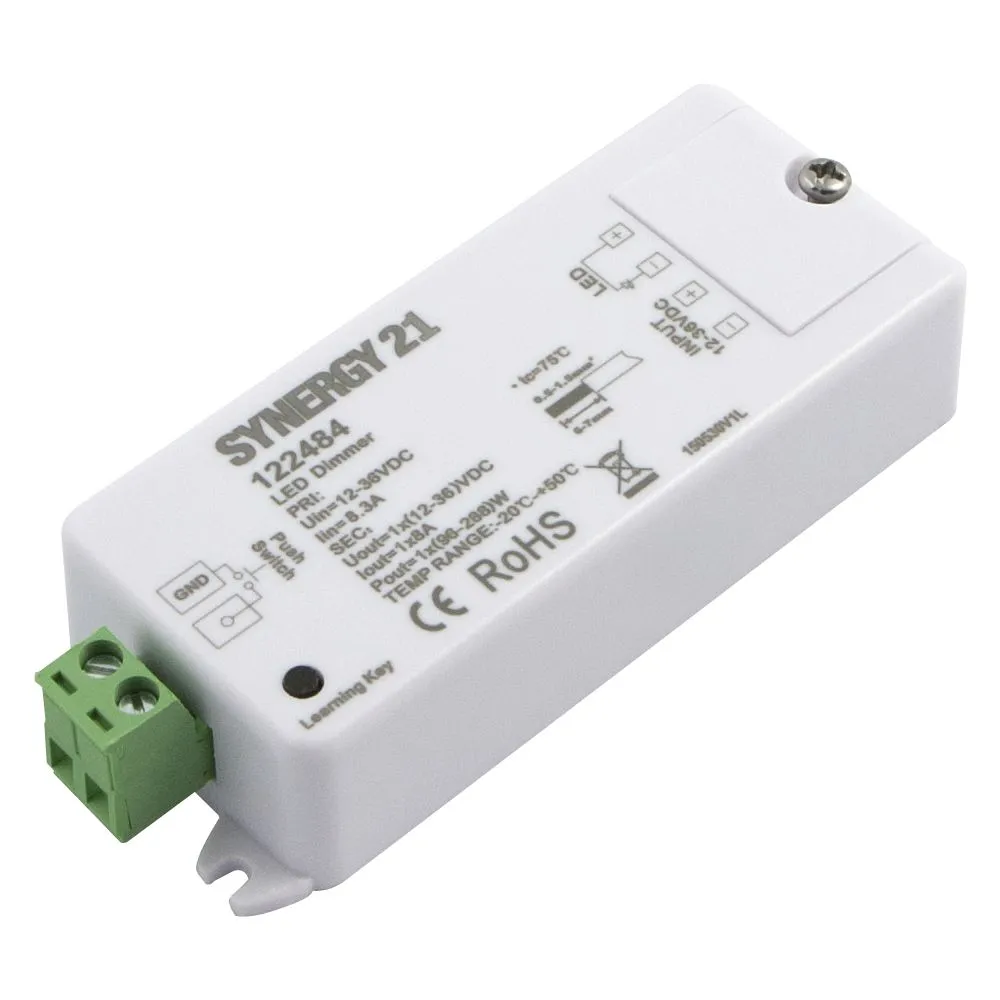 Одноканальный контроллер Synergy 21 LED Serie EOS 05 белого цвета с зеленым клеммником и схемой подключения на корпусе.